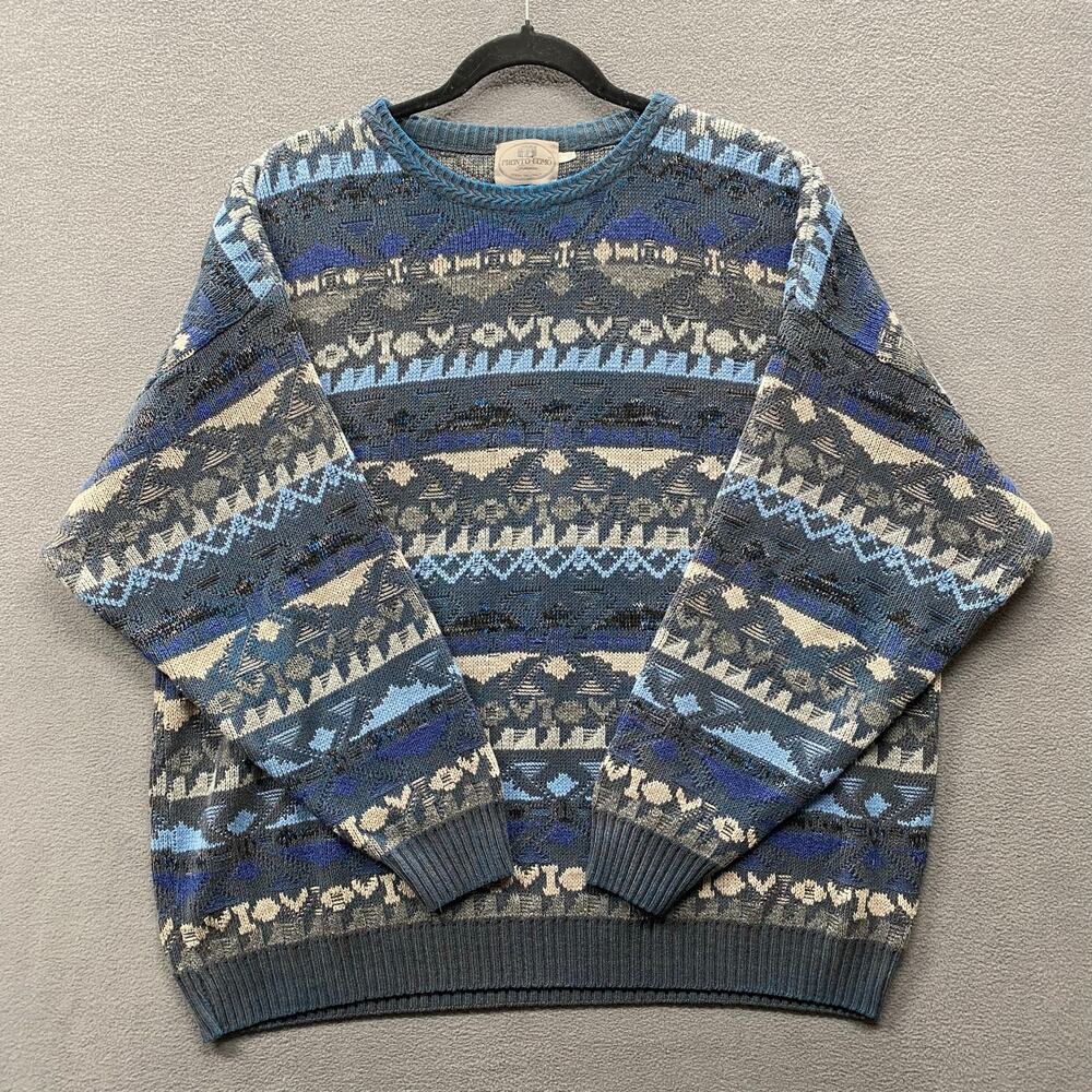 Vtg Pronto Uomo Wool‎ Blend Sweater Mens XL Blue Gray Geometric Striped Italy